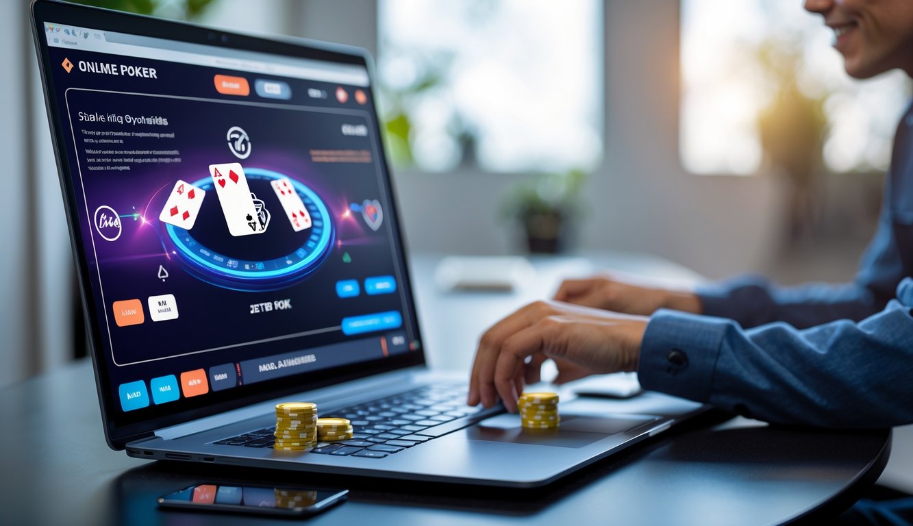 Seorang pemain muda sedang bermain poker online di komputer dengan tampilan meja poker digital yang jelas dan suasana ruangan yang tenang.