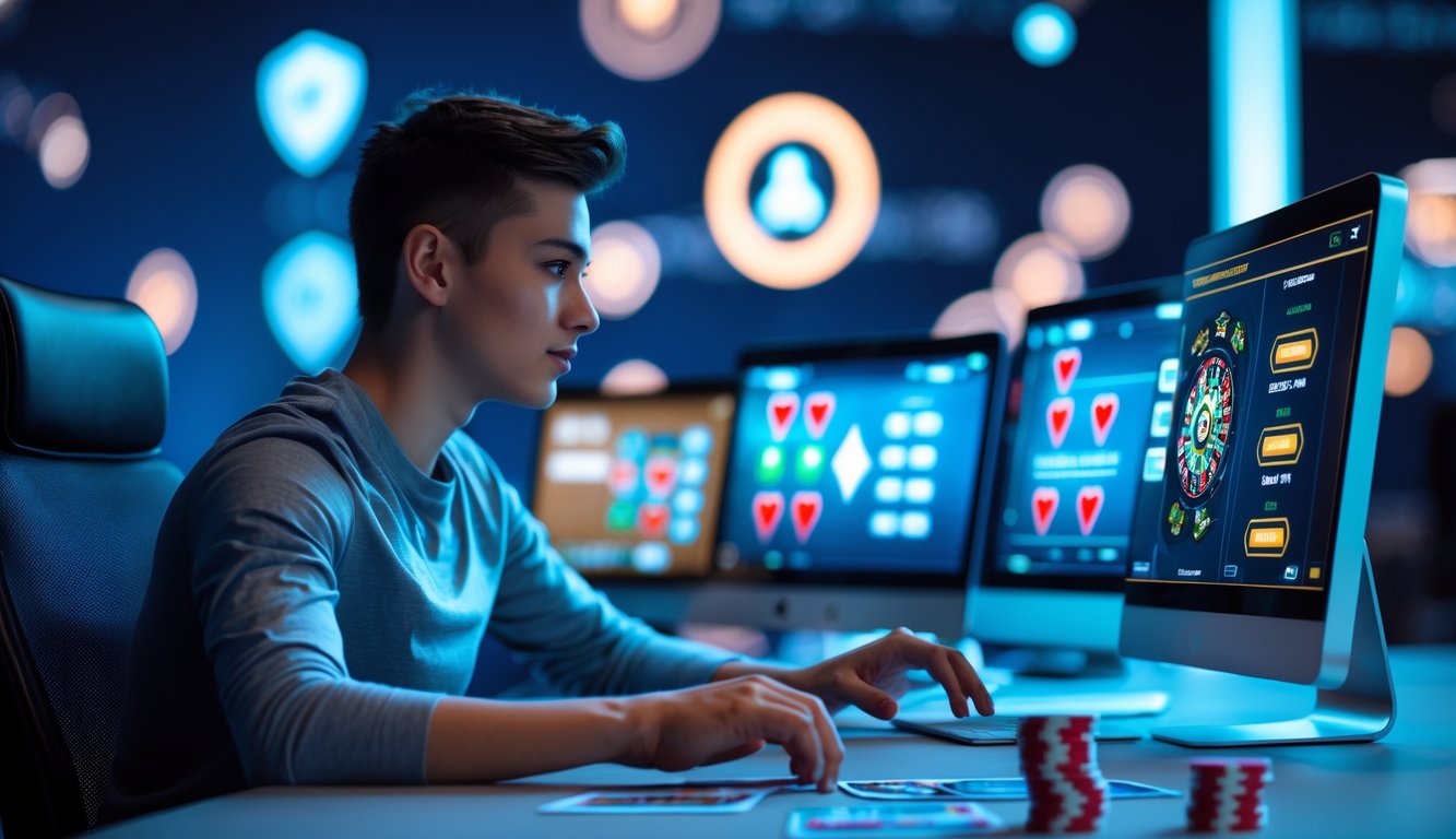 Seorang pemain muda sedang bermain poker online dengan perangkat digital di meja, menampilkan suasana permainan yang profesional dan terpercaya.