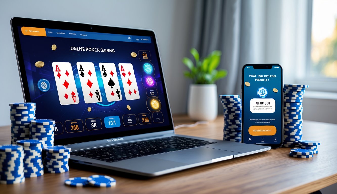 Sebuah meja kerja dengan laptop menampilkan permainan poker online, tumpukan chip poker, kartu remi, dan ponsel yang menunjukkan notifikasi transaksi cepat.