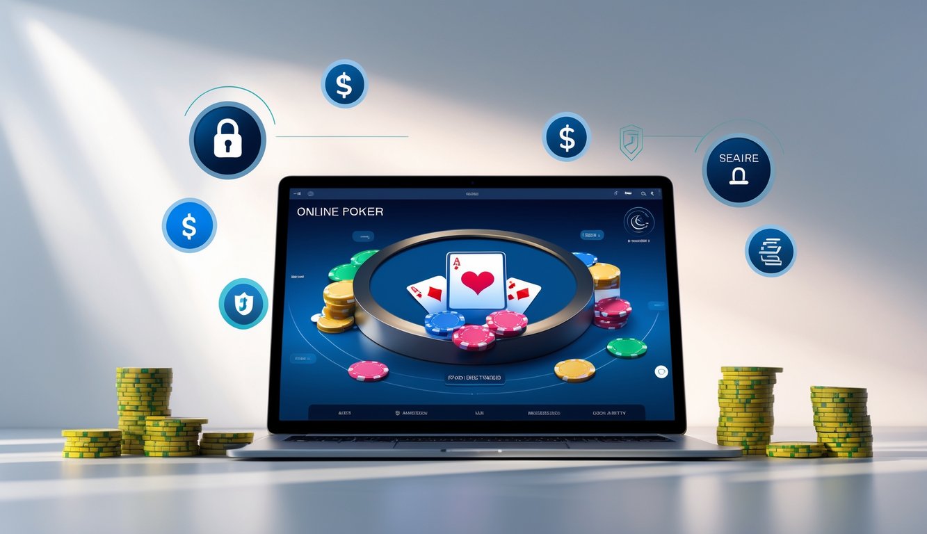 Seseorang menggunakan tablet untuk bermain poker online dengan kartu dan chip terlihat di layar, dikelilingi simbol keamanan dan transaksi cepat.