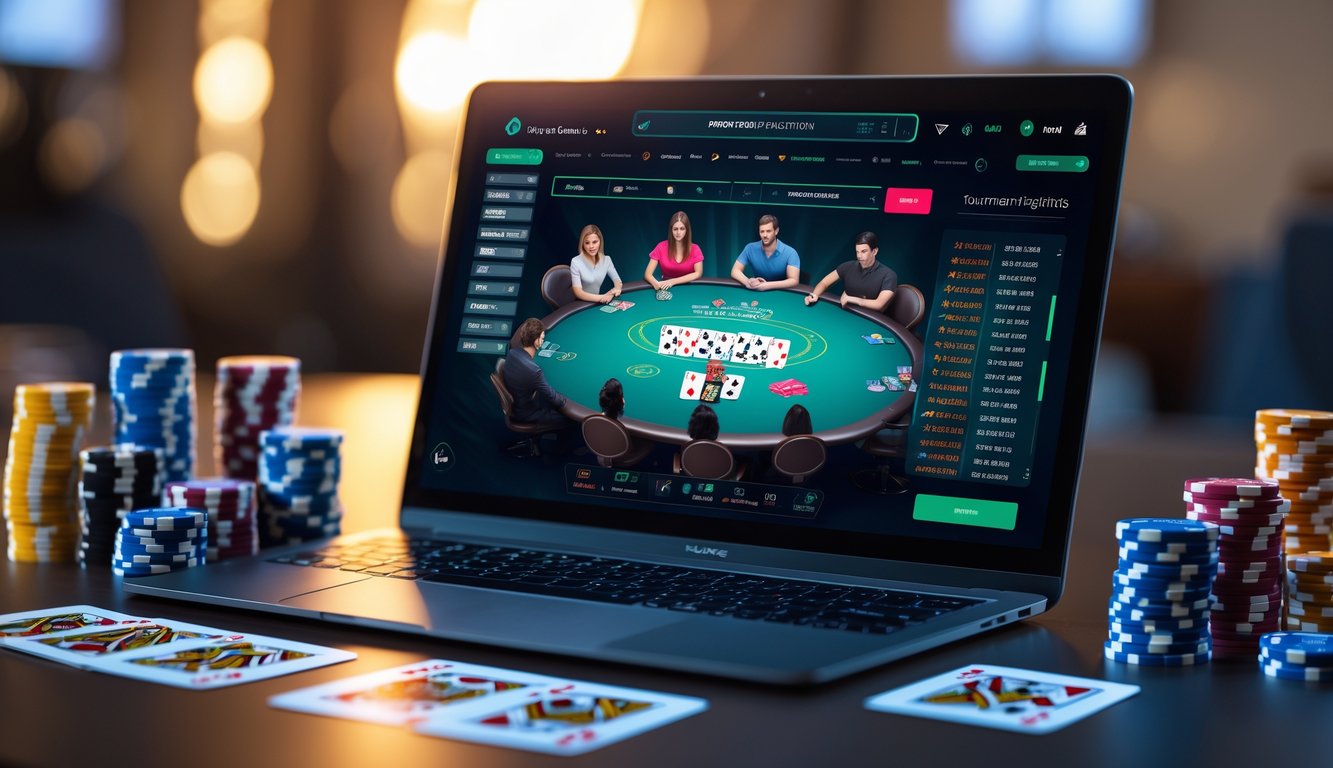 Sebuah layar komputer menampilkan meja poker digital dengan chip dan kartu, dikelilingi oleh tumpukan chip poker dan kartu, menunjukkan suasana permainan poker online yang ramai.