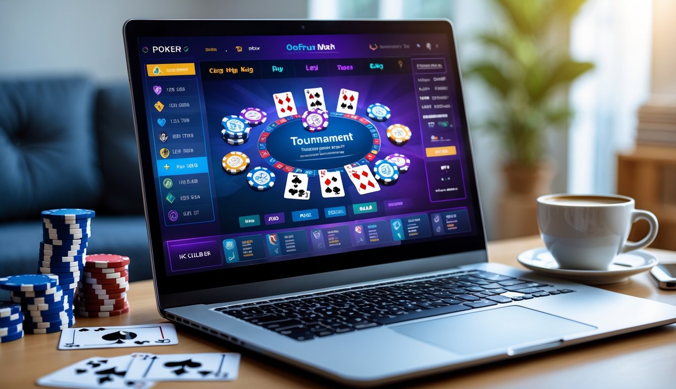 Sebuah laptop dengan tampilan permainan poker online, dikelilingi chip poker dan kartu di atas meja.