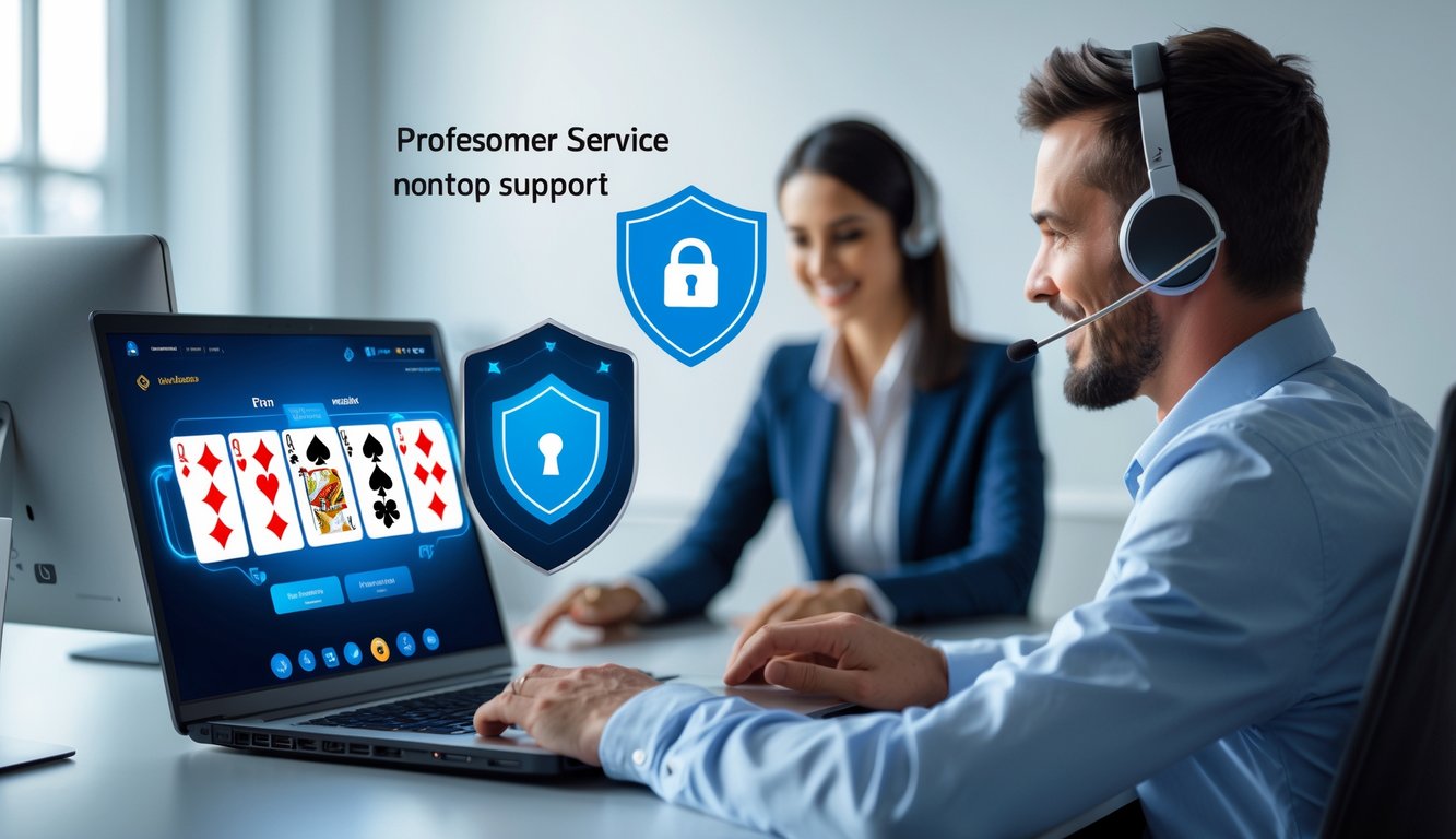 Seseorang menggunakan laptop dengan tampilan permainan poker online, di latar belakang terdapat staf layanan pelanggan dengan headset yang siap membantu.
