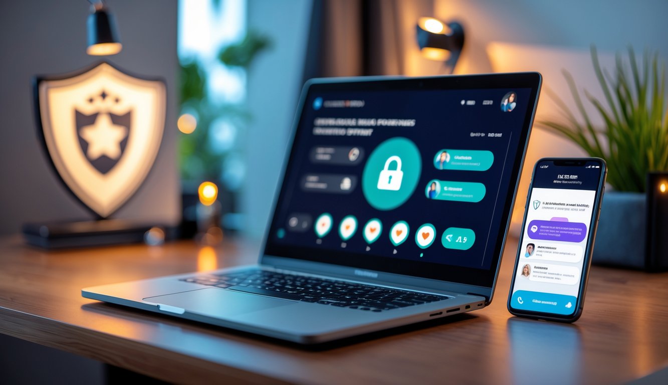 Sebuah meja kerja dengan laptop yang menampilkan permainan poker online dan ponsel yang menunjukkan layanan pelanggan aktif.