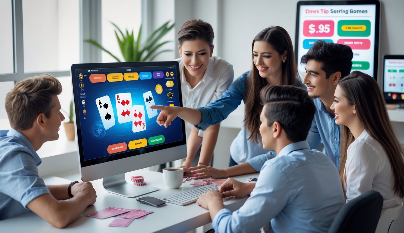 Sekelompok orang muda bermain poker online bersama di depan komputer dengan suasana ramah dan edukatif.