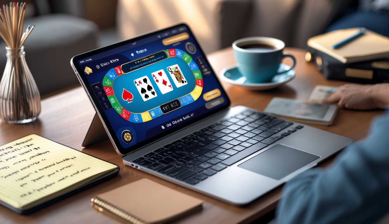Seorang pemula sedang belajar bermain poker online menggunakan laptop dengan kartu dan chip poker di layar, di meja terdapat catatan dan secangkir kopi.
