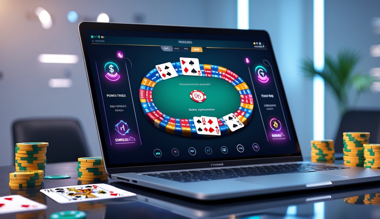 Seseorang menggunakan komputer untuk bermain poker online dengan tumpukan chip dan kartu di layar komputer.