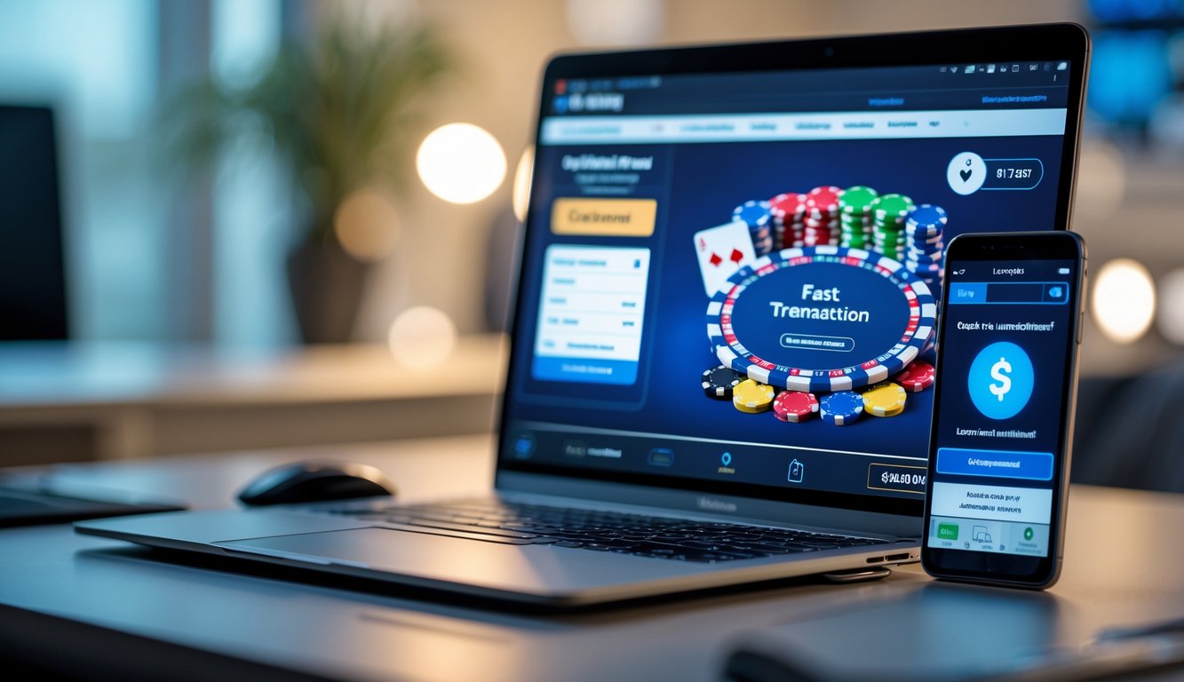 Seorang pria menggunakan laptop dan smartphone untuk bermain poker online dan melakukan transaksi cepat.