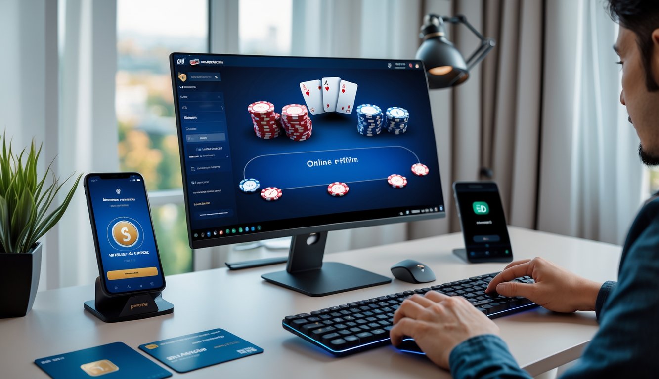 Seseorang bermain poker online di komputer dengan suasana ruang kerja yang rapi dan perangkat teknologi di sekitar.