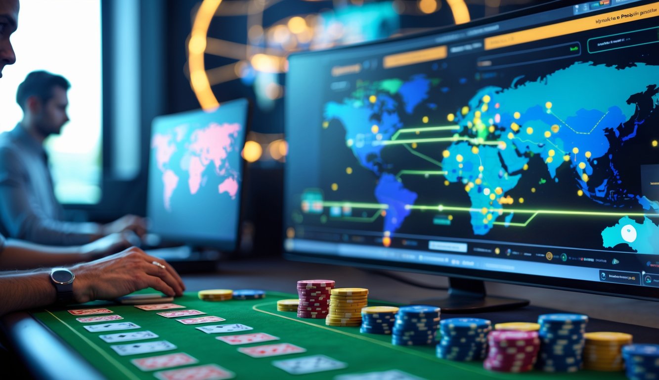 Seorang pemain poker fokus bermain di depan layar komputer dengan meja poker digital dan chip warna-warni, latar belakang menunjukkan peta dunia dengan garis koneksi.