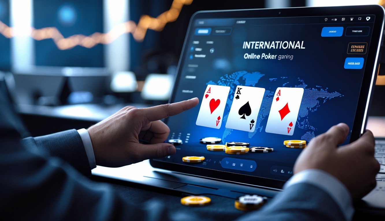 Seorang pemain menggunakan perangkat digital untuk bermain poker online dengan latar belakang peta dunia yang samar.