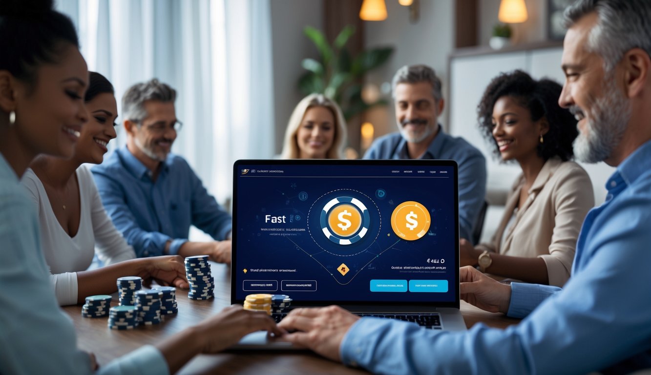 Orang-orang bermain poker online menggunakan laptop dan ponsel di rumah yang nyaman dengan suasana yang aman dan profesional.