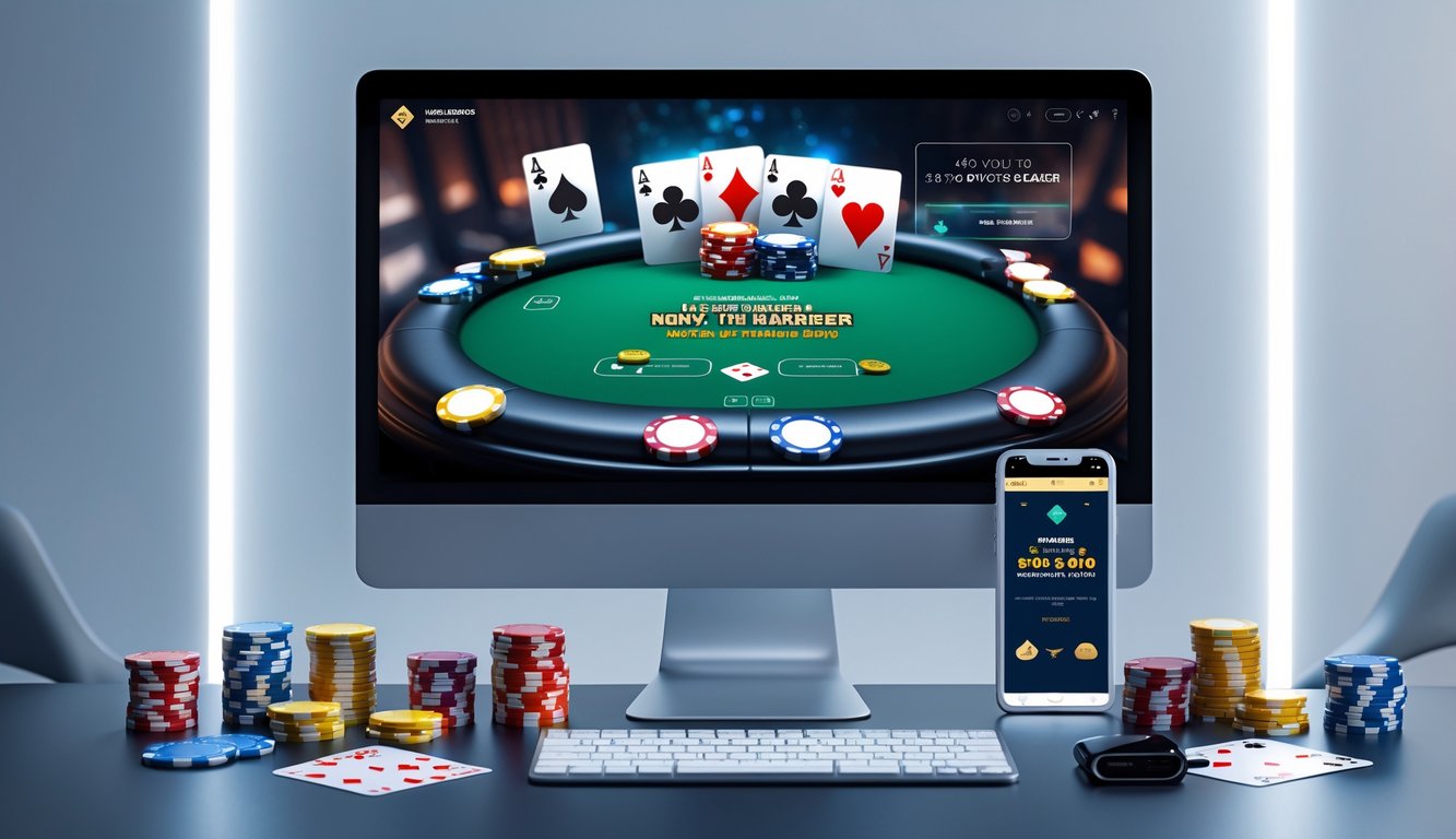 Sebuah meja kerja modern dengan komputer menampilkan permainan poker online, dikelilingi oleh chip poker dan kartu remi.