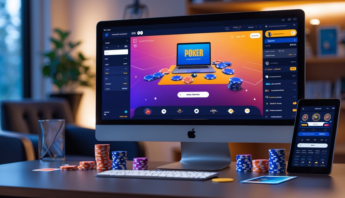 Sebuah meja komputer dengan monitor menampilkan permainan poker online, dikelilingi chip poker dan kartu, di ruang kerja rumah yang nyaman.