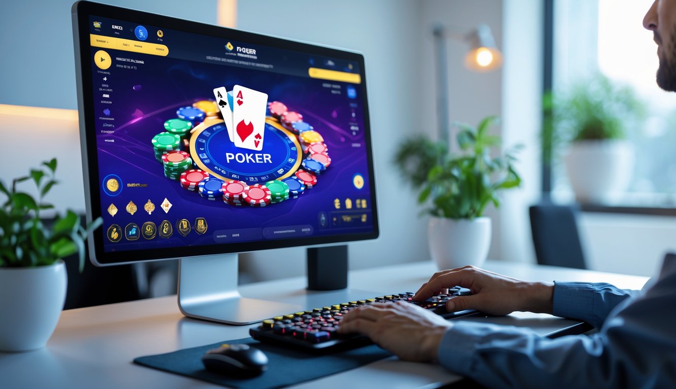 Seorang pemain poker sedang menggunakan komputer dengan tampilan permainan poker online di layar dalam ruangan kantor yang rapi dan terang.