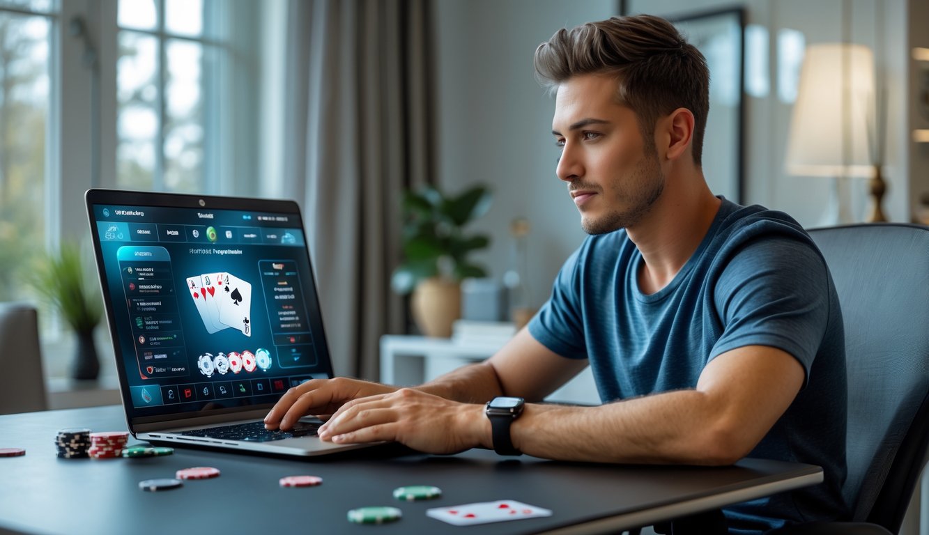 Seorang pria muda duduk di meja modern dengan laptop yang menampilkan permainan poker online, di sekitarnya terdapat chip dan kartu remi, di dalam ruangan yang terang dan nyaman.