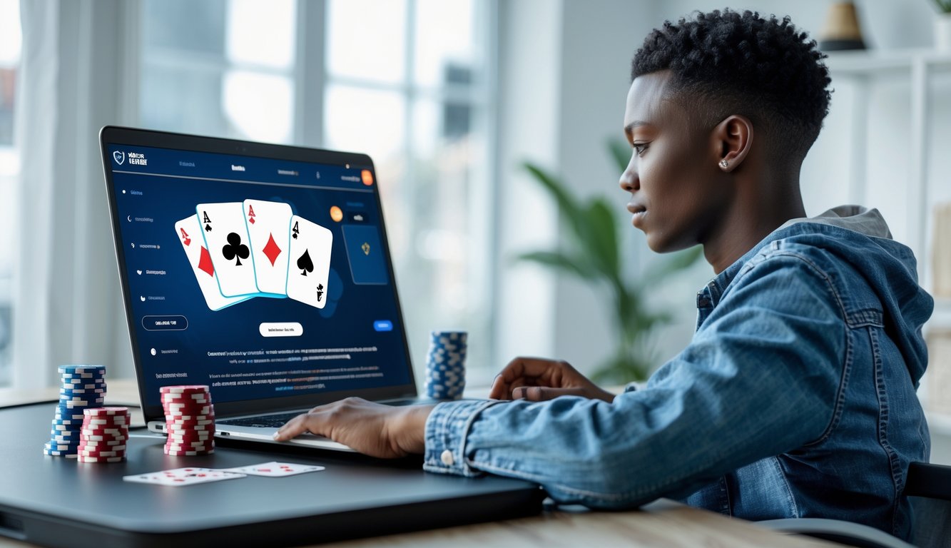 Seorang dewasa muda duduk di depan laptop, memeriksa situs poker online dengan chip poker dan kartu bermain di meja.