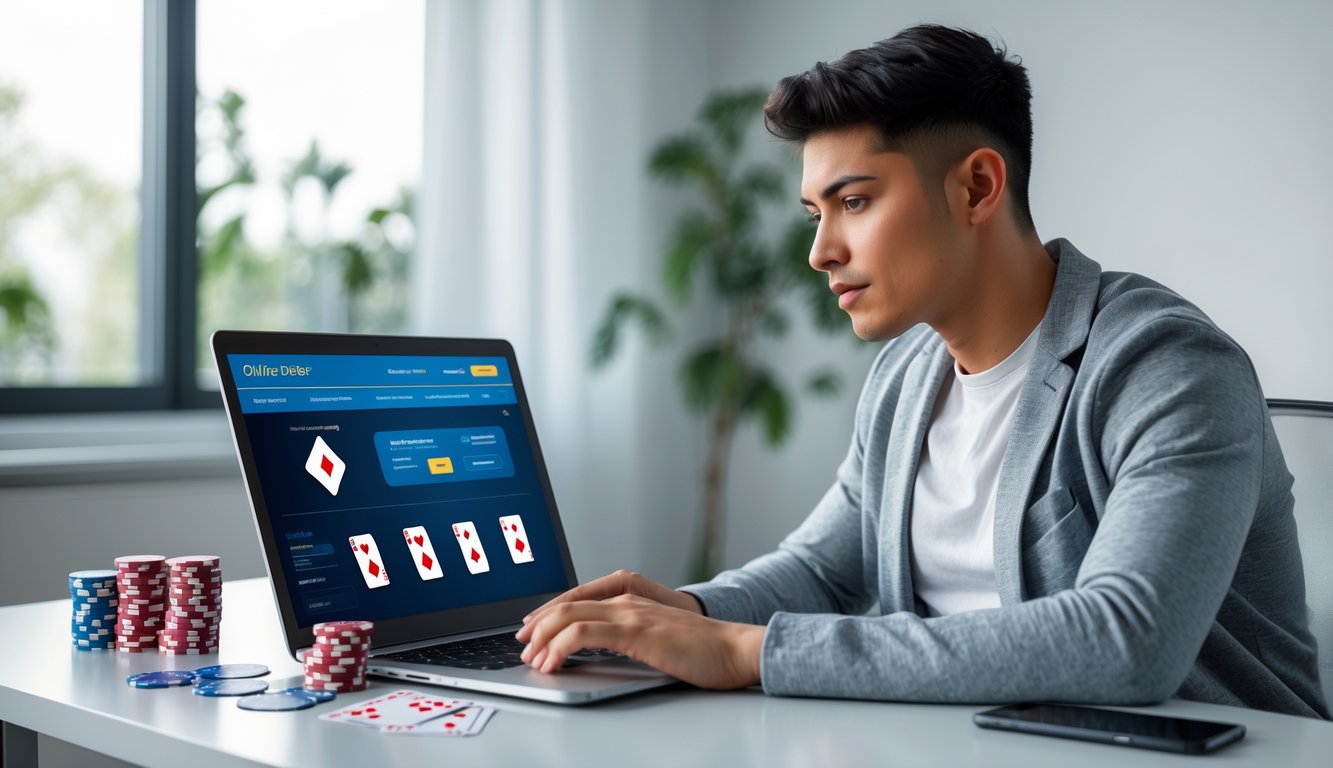 Seseorang duduk di meja dengan laptop dan perlengkapan poker, fokus menggunakan situs poker online di ruang kerja rumah.