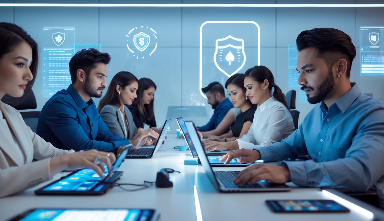 Beberapa orang bermain poker online dengan perangkat digital di ruangan modern yang terang dan aman.