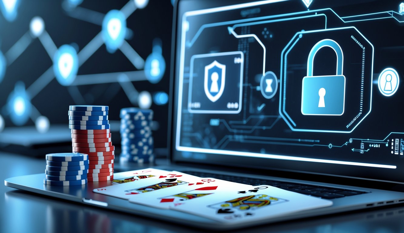 Tampilan antarmuka digital modern dengan kartu poker, chip, dan ikon keamanan yang menggambarkan situs poker online terpercaya dan aman.