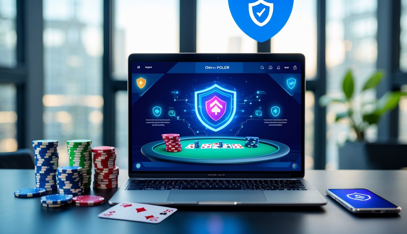 Sebuah ruang kerja modern dengan laptop yang menampilkan permainan poker online, dikelilingi oleh chip poker dan kartu bermain di atas meja.