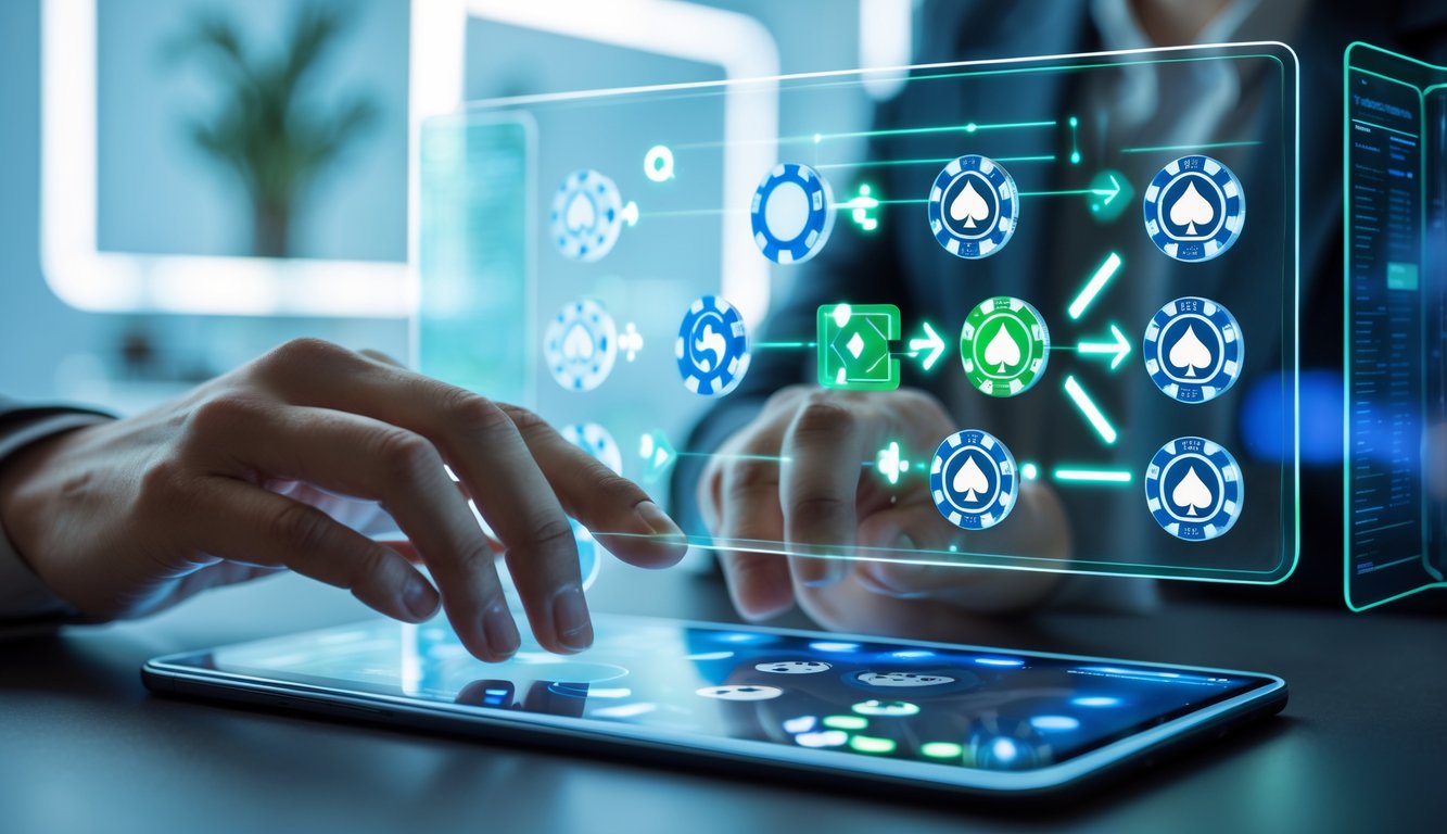 Tangan seseorang sedang menggunakan layar sentuh transparan dengan chip poker digital dan kartu bermain, latar belakang kantor modern dengan pencahayaan cerah.