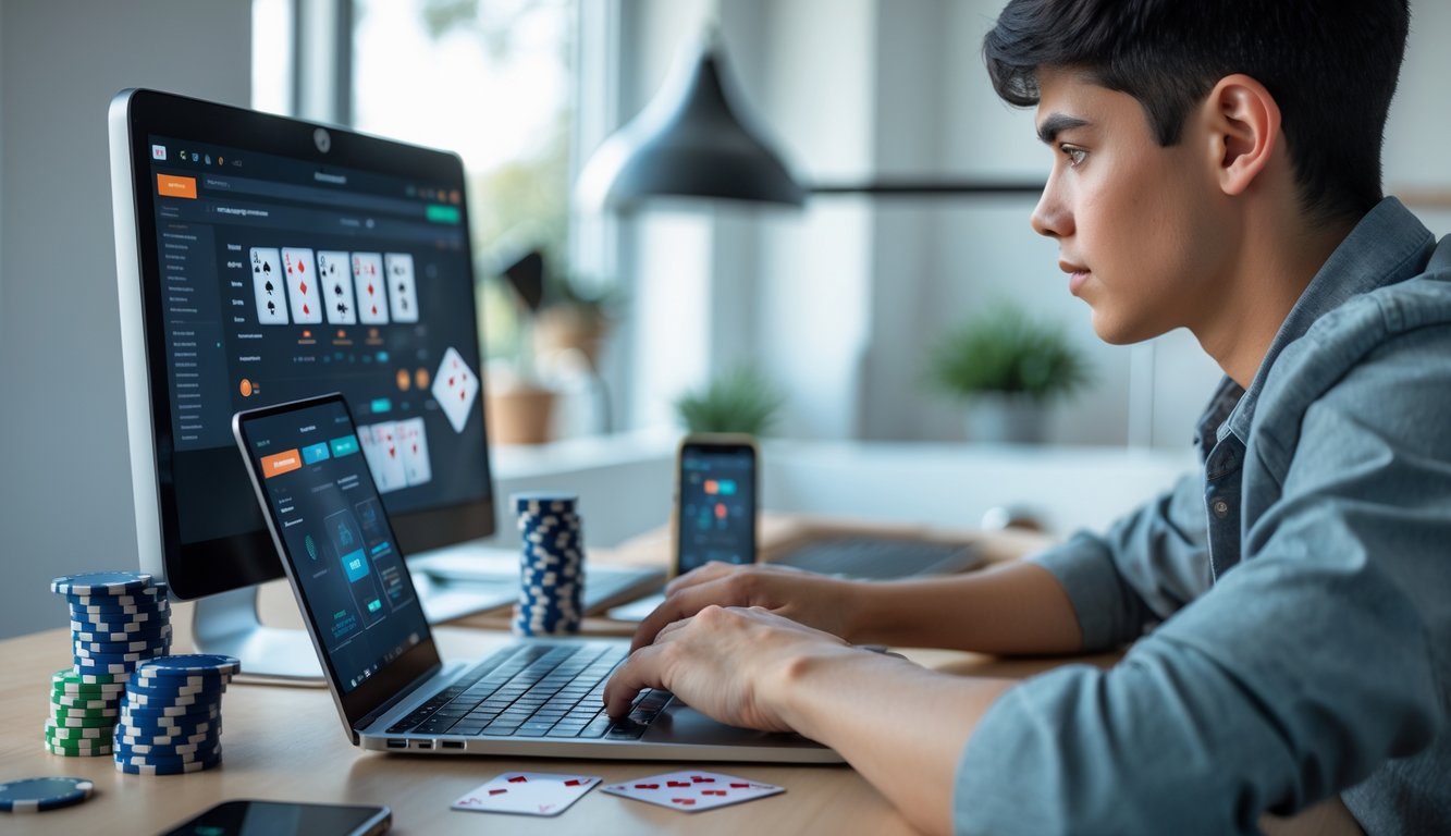 Seorang dewasa muda bermain poker online di laptop di ruang kerja rumah yang rapi dengan chip poker dan kartu di atas meja.