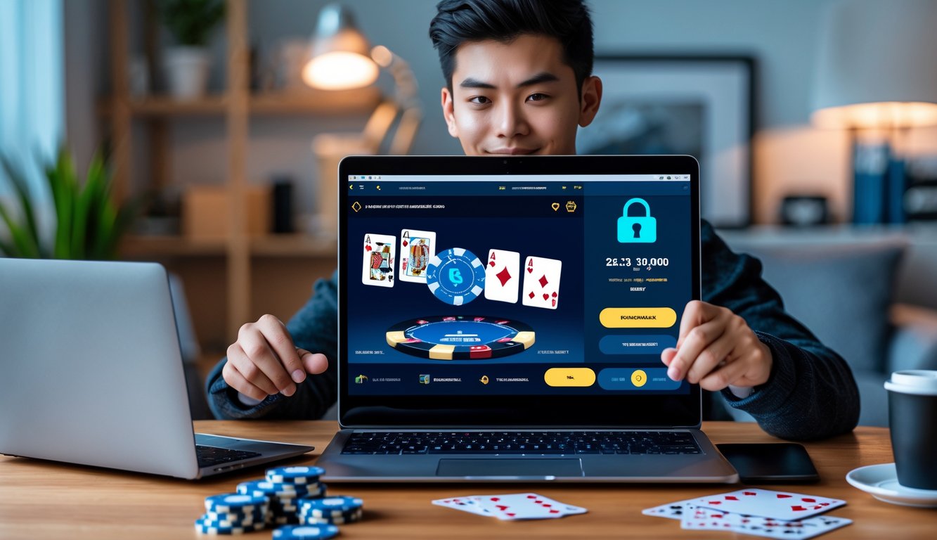 Seseorang sedang bermain poker online di laptop di ruang kerja rumah yang rapi dengan tumpukan chip poker dan kartu di meja.