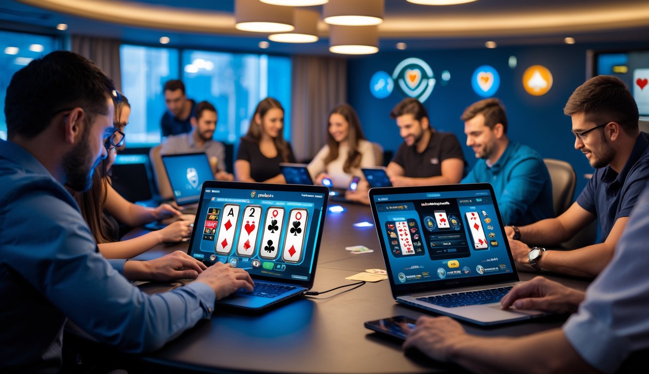 Sekelompok orang bermain poker online menggunakan laptop, tablet, dan ponsel di sebuah ruangan modern yang terang dan nyaman.