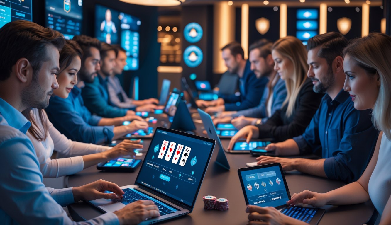 Sekelompok orang bermain poker online menggunakan berbagai perangkat digital di ruangan modern dengan pencahayaan hangat.