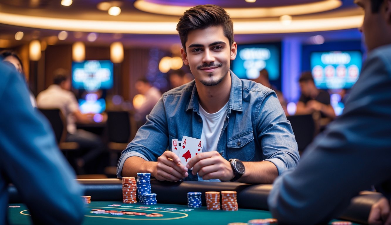 Seorang pria muda duduk di meja poker dengan kartu dan tumpukan chip, terlihat fokus dan percaya diri di lingkungan kasino modern.