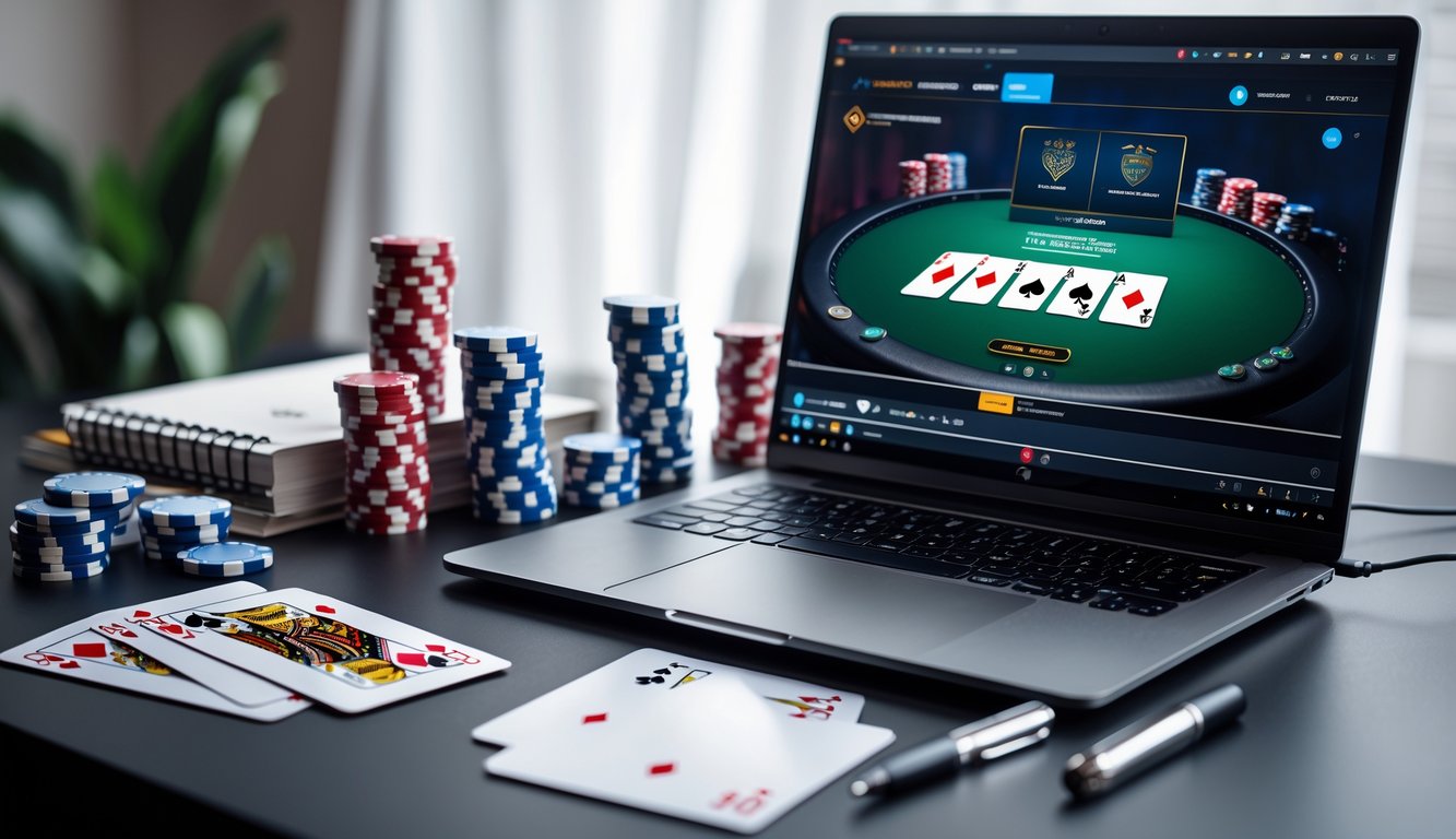 Meja kerja dengan laptop yang menampilkan permainan poker online, dikelilingi oleh chip poker dan kartu remi.