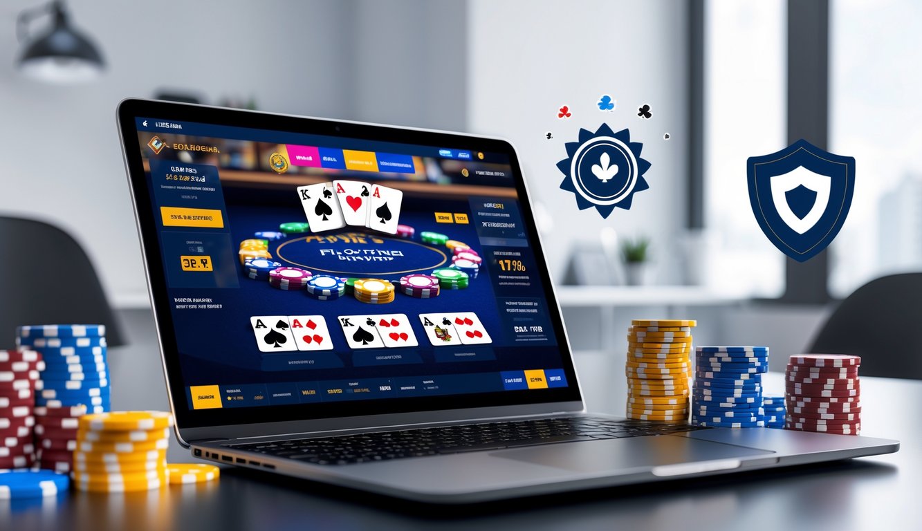Seorang pengguna sedang bermain poker online di depan komputer dengan tumpukan chip poker dan kartu di meja, menunjukkan suasana permainan yang profesional dan terpercaya.
