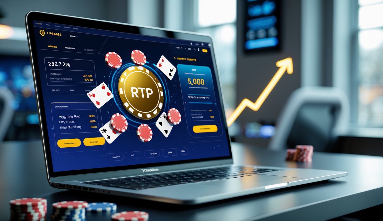 Seorang pengguna sedang bermain poker online di komputer dengan tampilan situs poker yang modern dan menarik, dikelilingi oleh chip poker dan kartu bermain.