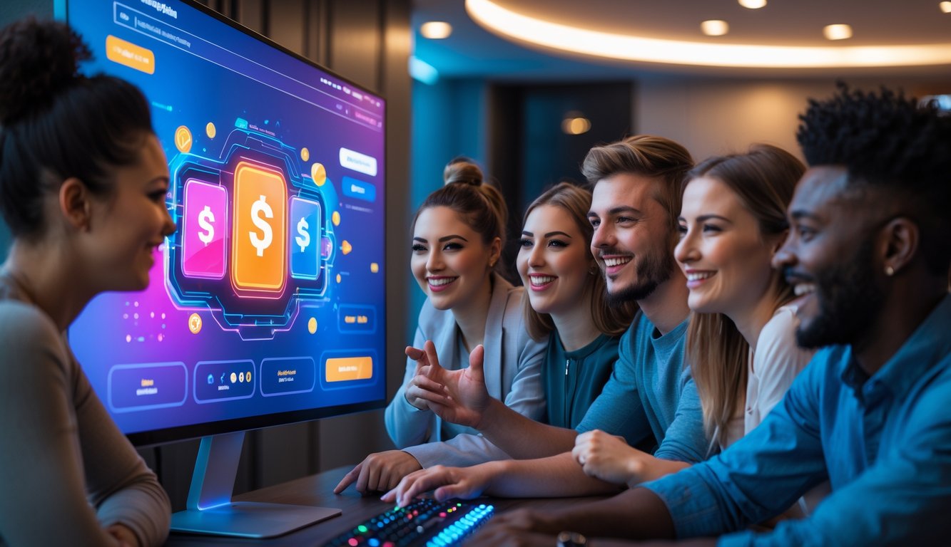 Sekelompok orang muda yang bahagia berkumpul di sekitar layar digital besar dengan tampilan permainan online yang cerah dan berwarna-warni.