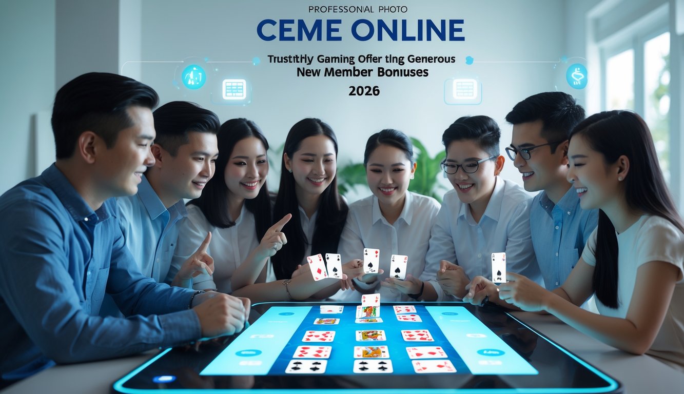 Sekelompok orang muda sedang bermain permainan kartu online di meja digital dengan suasana yang ceria dan santai di ruang modern.