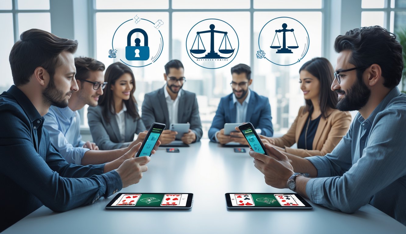 Sekelompok orang bermain kartu online dengan perangkat digital di meja modern dalam suasana yang aman dan terpercaya.