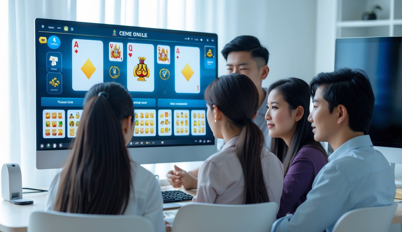 Sekelompok orang muda sedang bermain permainan kartu online di depan komputer dalam ruangan yang terang dan aman.