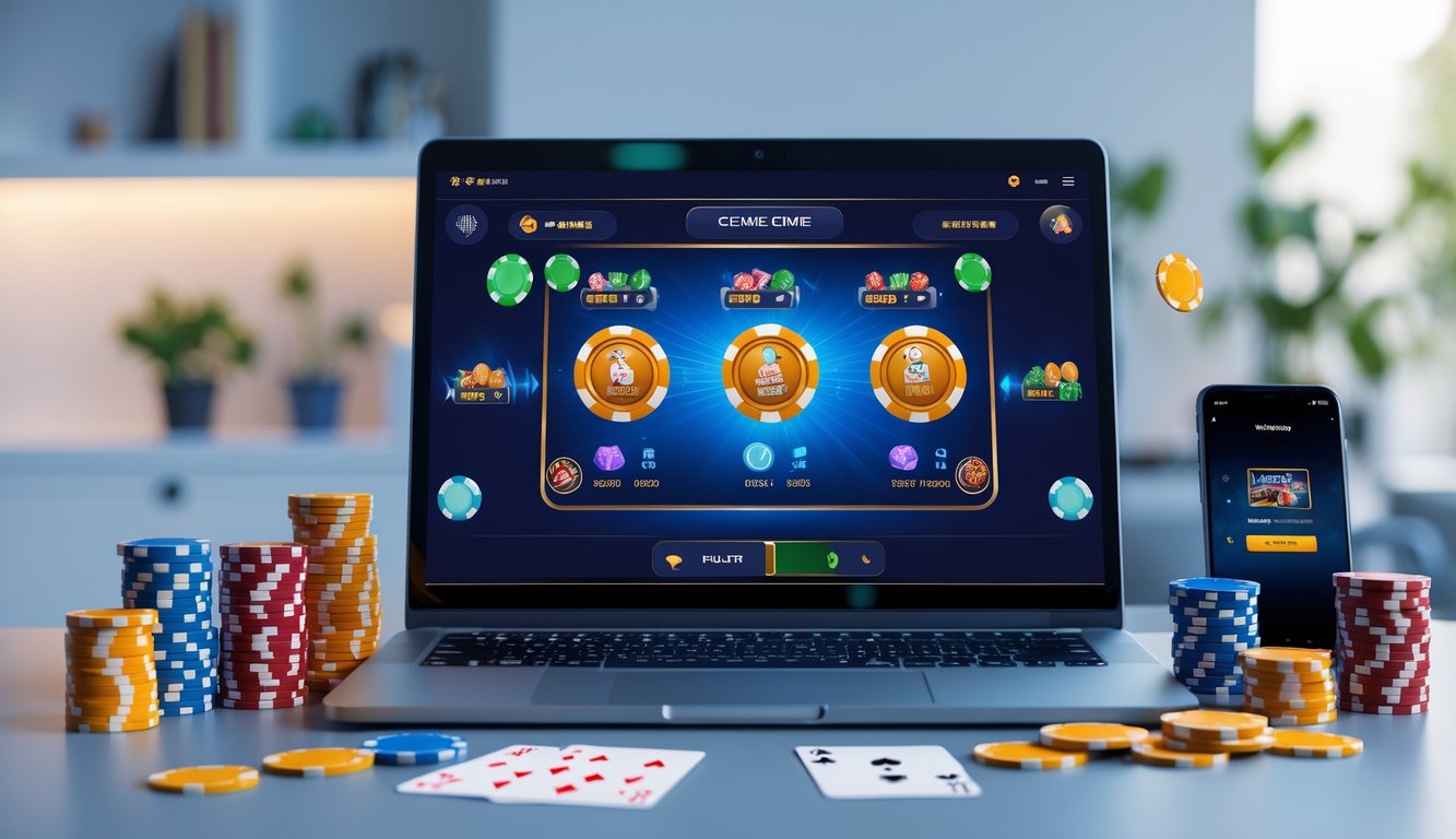 Seorang pemain sedang menggunakan laptop dan smartphone untuk bermain permainan kartu online dengan chip poker di meja.