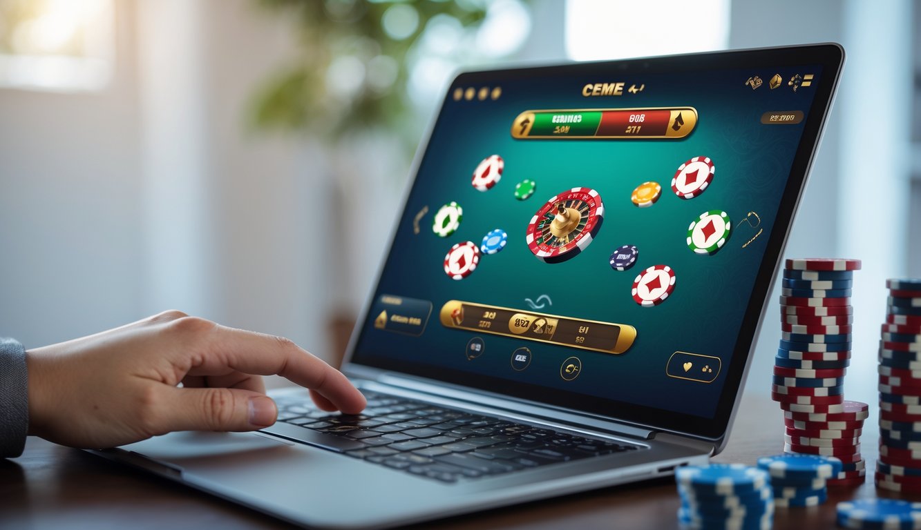 Seseorang bermain permainan kartu Ceme online di komputer dengan tumpukan chip poker di meja.