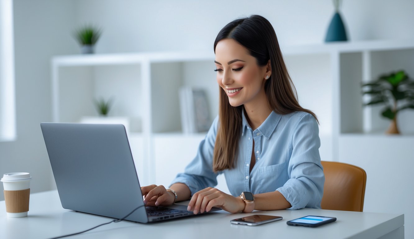 Seorang wanita muda duduk di meja kerja menggunakan laptop dan ponsel di ruang kantor rumah yang terang dan rapi.