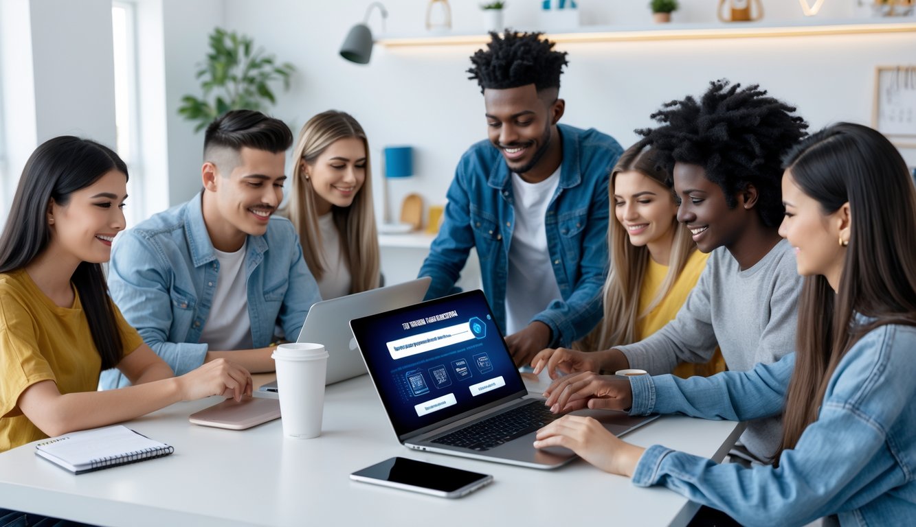 Beberapa orang muda sedang menggunakan laptop dan ponsel di ruang kerja modern untuk mendaftar di situs online dengan suasana yang cerah dan profesional.