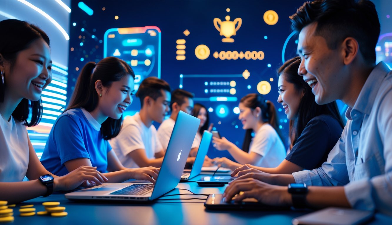 Beberapa orang menggunakan laptop dan ponsel di lingkungan modern yang menunjukkan suasana permainan online dengan elemen digital dan simbol bonus.