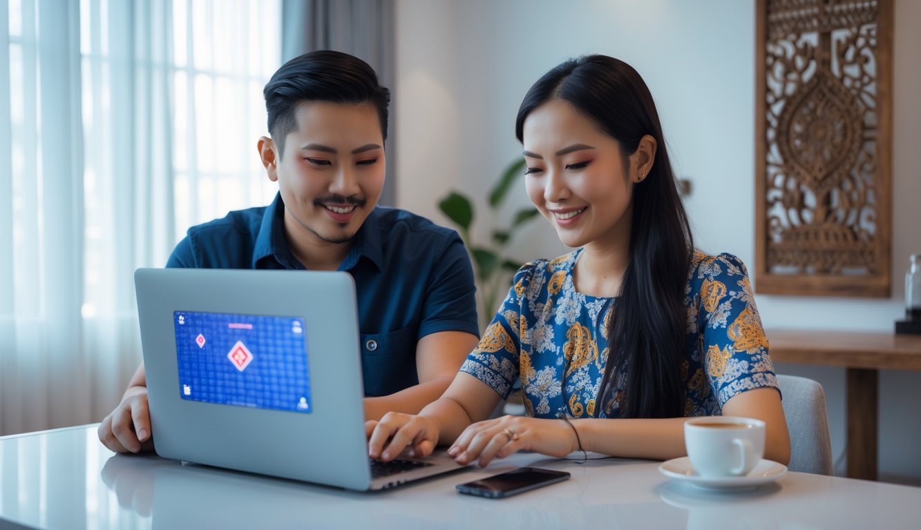 Seorang pria dan wanita Indonesia duduk di meja modern bermain permainan kartu online menggunakan laptop di ruangan terang.