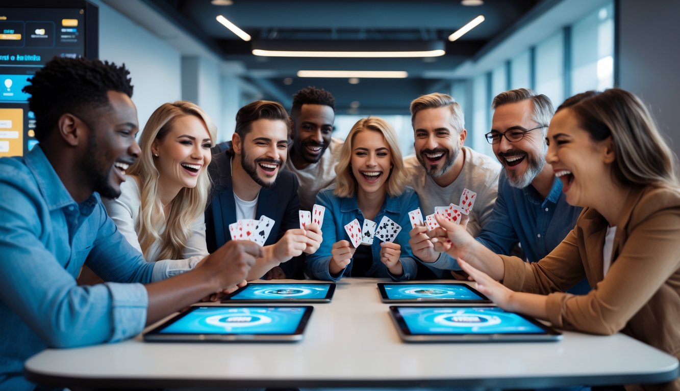 Sekelompok orang dewasa yang bahagia sedang bermain permainan kartu online bersama di meja modern dalam ruangan yang terang.