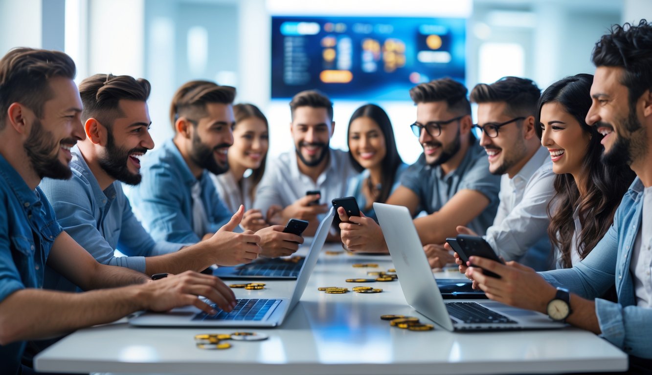 Sekelompok orang sedang bermain game online bersama di meja dengan laptop dan ponsel di ruangan modern.