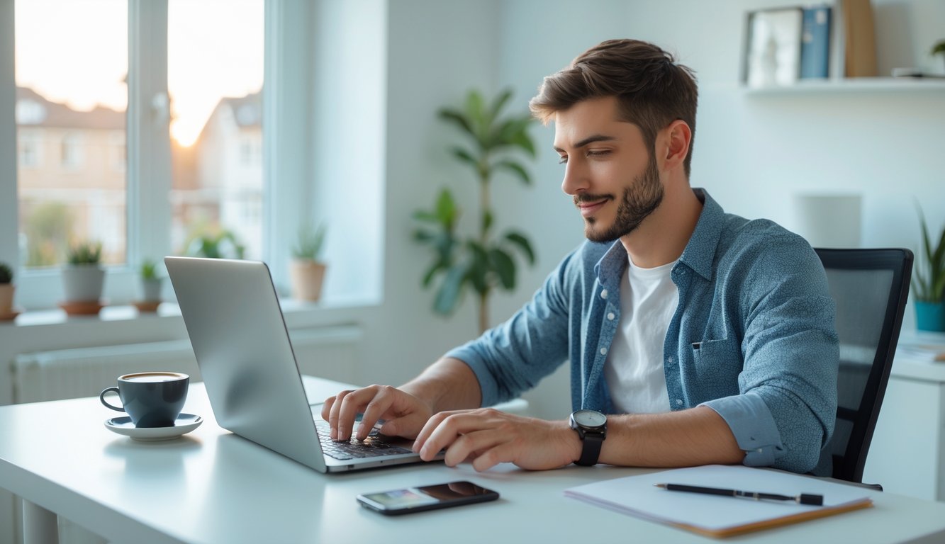 Seorang pria muda duduk di meja dengan laptop, fokus bermain permainan kartu online di ruang kerja yang terang dan rapi.