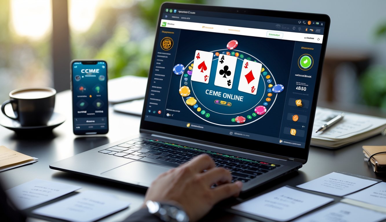 Meja kerja dengan laptop yang menampilkan permainan kartu online, ponsel, catatan, dan secangkir kopi.
