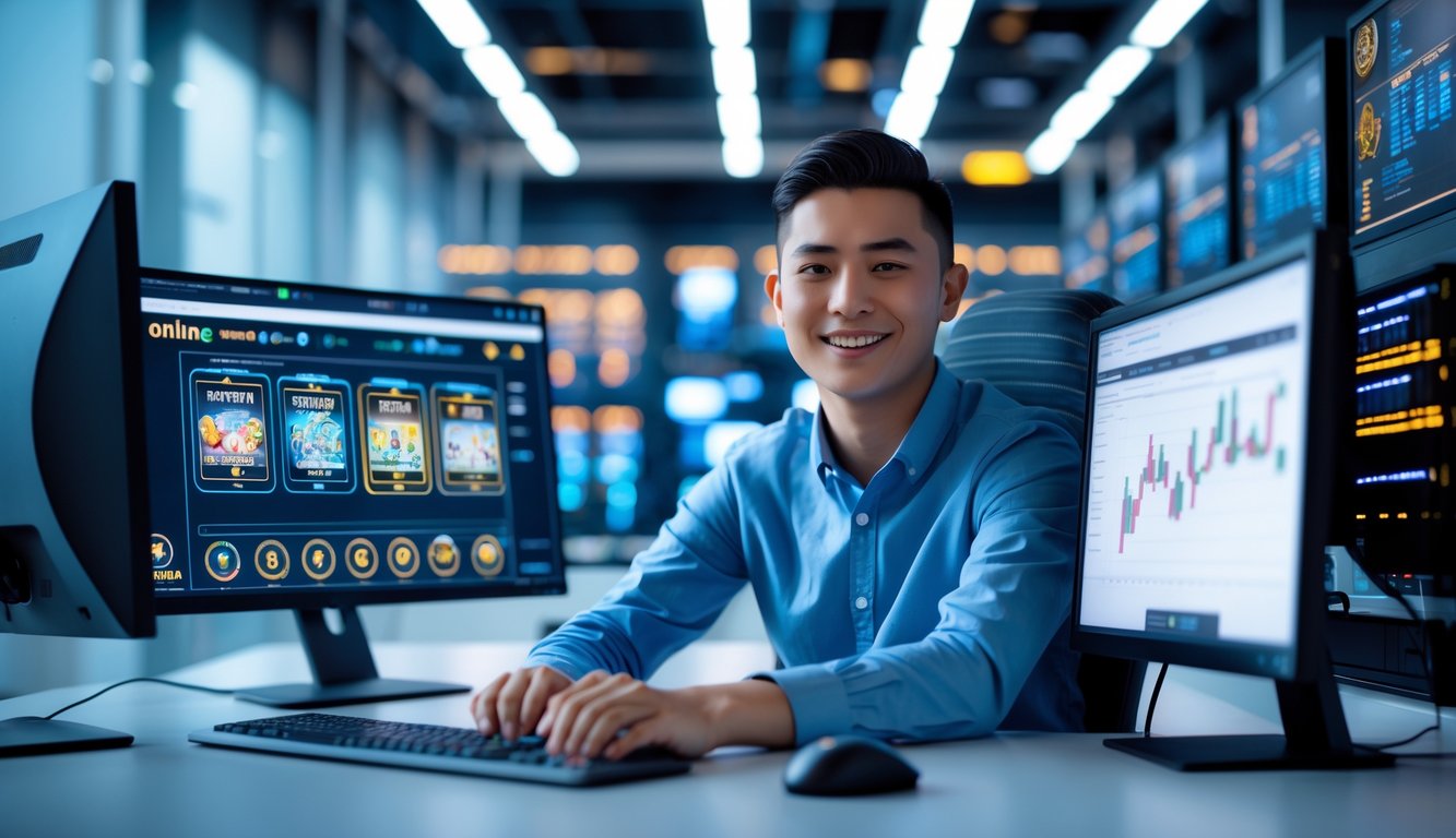 Seorang dewasa muda duduk di meja dengan beberapa monitor yang menampilkan permainan kartu digital dan grafik transaksi cepat, dengan latar belakang ruang server yang menyala.