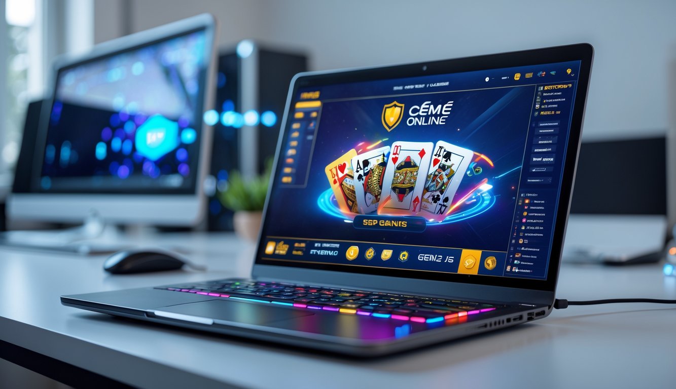 Seorang pria menggunakan komputer di ruang kerja modern dengan tampilan permainan kartu digital di layar dan ikon jaringan yang menyala di latar belakang.